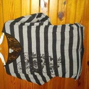 women large short sleeve gray black striped top with lace accent